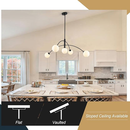 Modern Chandelier 5 Light Black Glass Globe Chandelier Mid Century Sputnik Ceiling Light Fixtures for Dining Room Kitchen Island Bedroom Living Room 41.3IN Diameter