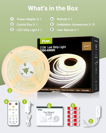 COB LED Strip Lights 32.8ft, Dimmable White CCT Tunable 2300K-6500K, DC 24V High Lumen Cuttable LED Tape Light, 6080 LED 48W CRI 90, APP Remote Control, Music Mode, For Home DIY, Living Room, Bedroom