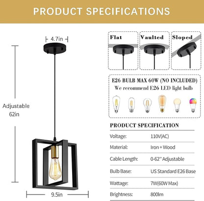 9MMML Black Pendant Lights Kitchen Island Set of 2, Farmhouse Hanging Lamp with 62'' Height Adjustable Cord, Small Wood Ceiling Pendant Light Fixture for Dining Room, Entryway, Foyer