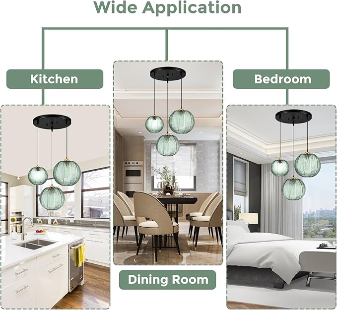 Green Pendant Light, 3 IN 1 Large Glass Pendant Light Fixtures E26 E27 Mid Century Modern Chandelier Ribbed Blown Glass Globe Shade Hanging Light Ceiling Light for Living Room Restaurant Bar,Blue