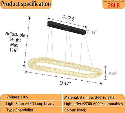 LED Crystal Ring Chandelier, 47.2'' Black Crystal Ring Pendant Light for Kitchen Island Modern Linear Oval Chandeliers for Dining Room Dimmable 3000K-6000K