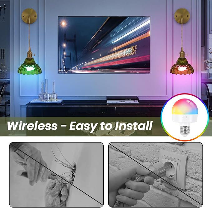 Vintage Wall Sconce Set of Two, Battery Operated Wall Sconces with Green Glass Lampshade, Wireless Wall Sconces with Remote, Rechargeable Wireless RGB Wall Lights for Bedroom Living Room etc