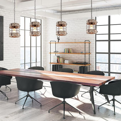 Retro Industrial Metal and Wood Chandelier 1-Light Round Cage Pendant Light Fixture for Kitchen Island Foyer Hallway Bar Dining Room Restaurant, D 7.8" x H 8.58" (White Brown)
