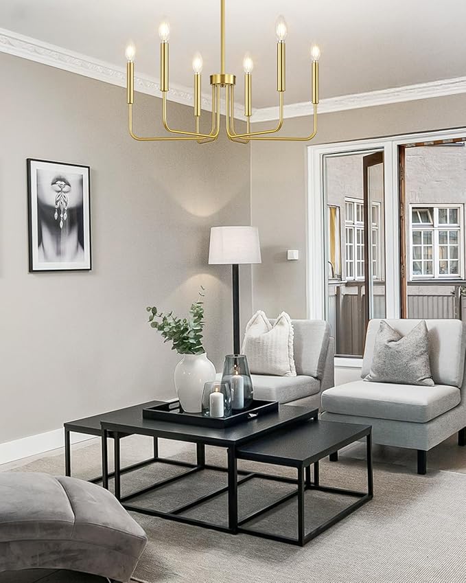 Yunnix Gold Chandelier 6-Light Modern Vintage Candle Pendant Light Fixture in Brass for Dining Room, Kitchen Island, Bedroom and Foyer Lighting (Bulb Not Included)