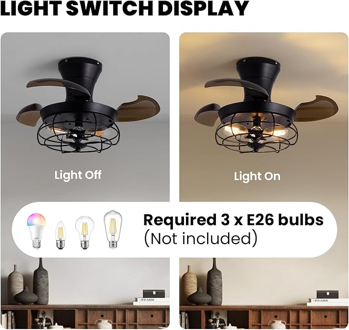 22" Retractable Ceiling Fans with Lights, Black Caged Fandelier Ceiling Fans with Remote, 6 Wind Speeds,Invisible Blades, Industrial Flush Mount Small Ceiling Fan for Bedroom Living Room