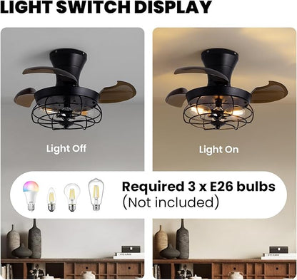22" Retractable Ceiling Fans with Lights, Black Caged Fandelier Ceiling Fans with Remote, 6 Wind Speeds,Invisible Blades, Industrial Flush Mount Small Ceiling Fan for Bedroom Living Room