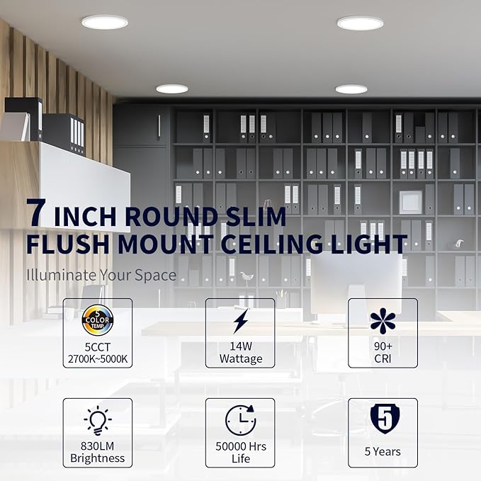 mw 7 Inch Flush Mount LED Ceiling Light Fixture, 14W, Dimmable, 2700K/3000K/3500K/4000K/5000K Selectable,90+ CRI, Low Profile Ceiling Light for Bedroom Hallway, ETL Certification