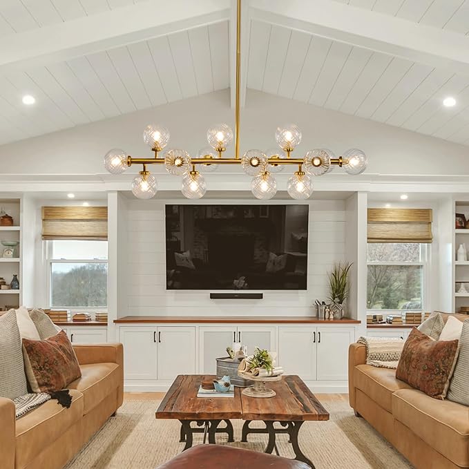 16-Light Mid Century Modern Chandelier: 39.4" Long Linear Gold Sputnik Chandeliers - Swirled Clear Glass Globe Chandelier Dining Room Light Fixture - High Ceiling Kitchen Island Living Room Lighting