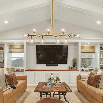 16-Light Mid Century Modern Chandelier: 39.4" Long Linear Gold Sputnik Chandeliers - Swirled Clear Glass Globe Chandelier Dining Room Light Fixture - High Ceiling Kitchen Island Living Room Lighting
