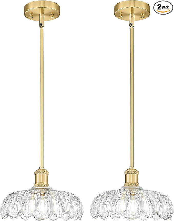 FEMILA 2 Pack Vintage Light Fixtures, Flower Glass Pendant Lights Kitchen Island, Brushed Gold Antique Chandelier, Hanging Light Fixture for Bedroom Hotel Living Room, 4FJX82MIL-2PK BG