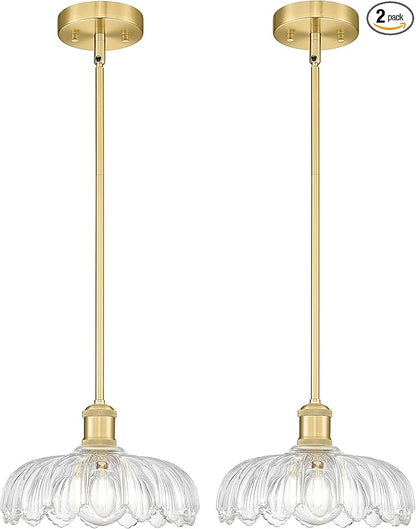 FEMILA 2 Pack Vintage Light Fixtures, Flower Glass Pendant Lights Kitchen Island, Brushed Gold Antique Chandelier, Hanging Light Fixture for Bedroom Hotel Living Room, 4FJX82MIL-2PK BG