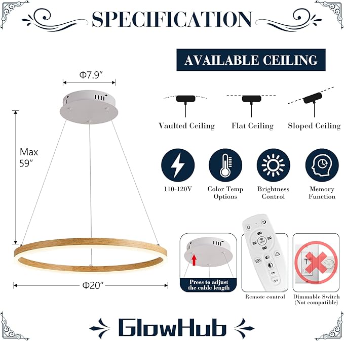 LED Ring Chandelier Wood Grain Round Chandeliers Modern Farmhouse Pendant Light Circular Hanging Ceiling Light Coastal Chandelier for Dining Room Kitchen Entryway, 20 inches