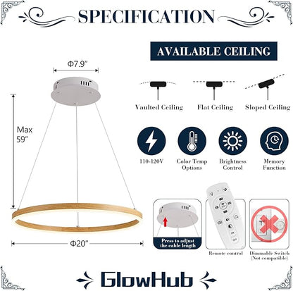 LED Ring Chandelier Wood Grain Round Chandeliers Modern Farmhouse Pendant Light Circular Hanging Ceiling Light Coastal Chandelier for Dining Room Kitchen Entryway, 20 inches