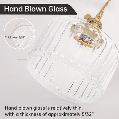 Shenmoyl Plug in Pendant Light Hanging Light Fixtures with Plugin Cord On/Off Switch,Clear Striped Glass Lampshade Brass Pendant Light