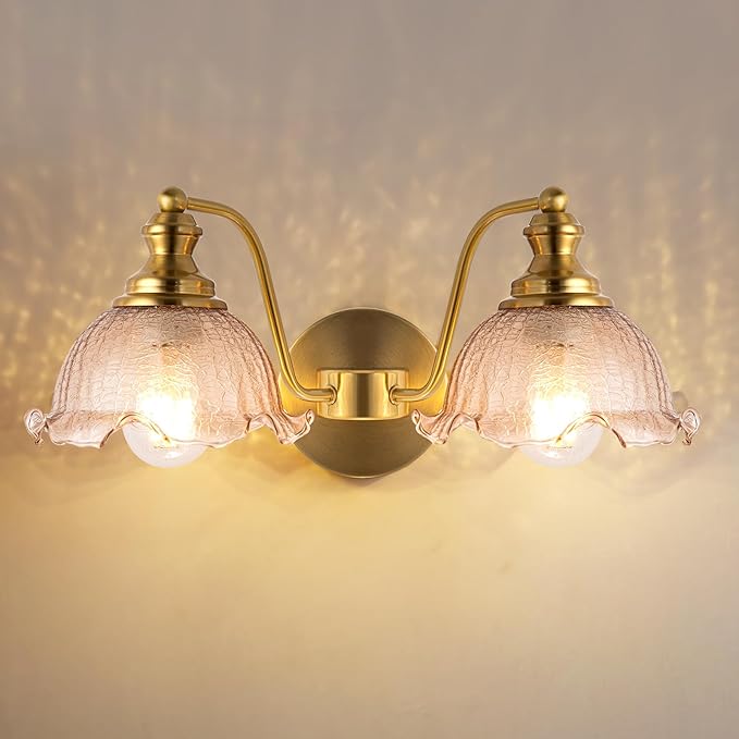Bathroom Vanity Lights, 2 Light Bathroom Vanity Light with Floral Amber Glass Shades, Gold Vanity Light for Bedside Tables bathrooms vanities E26 (Bulb Not Included)