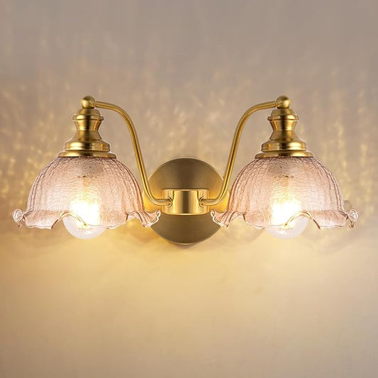 Bathroom Vanity Lights, 2 Light Bathroom Vanity Light with Floral Amber Glass Shades, Gold Vanity Light for Bedside Tables bathrooms vanities E26 (Bulb Not Included)