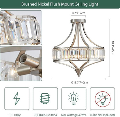 Modern Nickel Chandelier 4-Light Crystal Ceiling Light Fixtures 16 inches Flush Mount Lamp Suit for Living Room Kitchen Island Dining Room Foyer