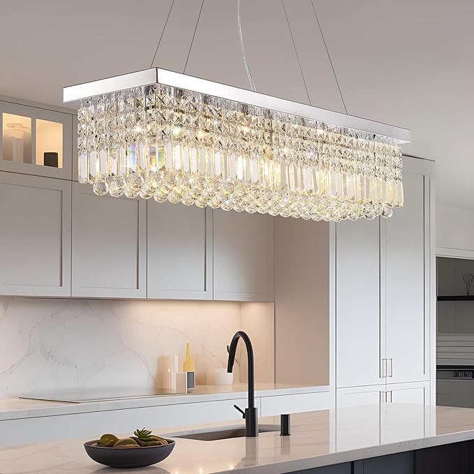 Modern Crystal Chandeliers for Dining Room Kitchen Island Light Fixture, 8-Light Rectangle Chandelier for Living Room, L39.4 Inch, Chrome Finish