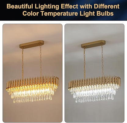A AXILIXI Modern Rectangular Chandelier Gold Crystal Chandeliers for Dining Room 8-Light Linear Ceiling Pendant Light Long 32” Luxury Oval Chandelier for Kitchen Island Living Room