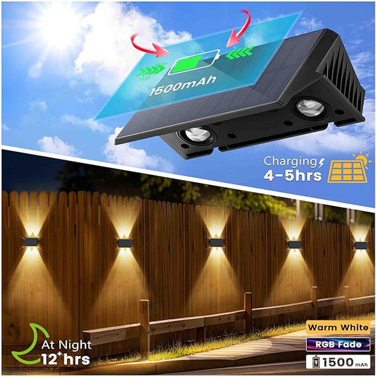 Fence Lights Solar Powered, 8-Pack Solar Fence Lights Up/Down Flexible Buttons, IP67 Waterproof for Outdoor, 100LM Bright, Auto Dusk to Dawn for Wall/Stairs/Yard/Railing/Deck/Pathway (White & RGB)