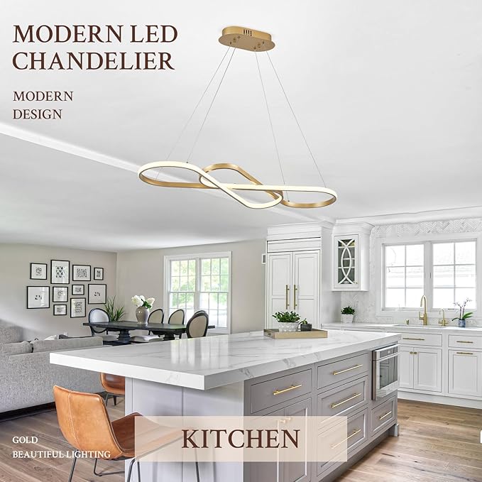 Modern LED Chandelier Gold Dimmable LED Pendant Light for Dining Room Light Fixture Over Table Modern Kitchen Island Lighting High Ceiling with Remote for Living Room, 31.7 Inch