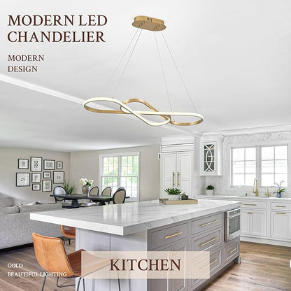 Modern LED Chandelier Gold Dimmable LED Pendant Light for Dining Room Light Fixture Over Table Modern Kitchen Island Lighting High Ceiling with Remote for Living Room, 31.7 Inch