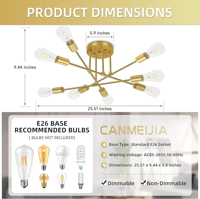 CANMEIJIA 8-Lights Gold Chandelier Sputnik Light Fixture, Sputnik Mount Chandelier Ceiling Lighting, Mid Century Ceiling Lights Fixtures for Bedroom, Dining Room, E26 Base, Bulbs Not Included