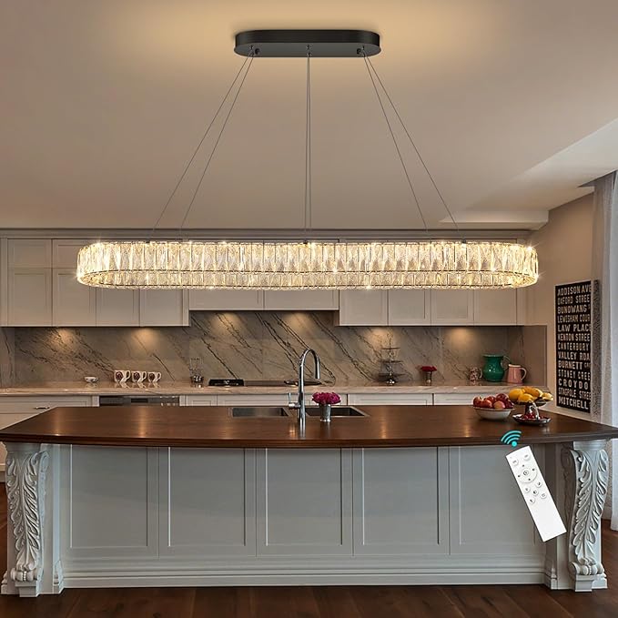 HAIXIANG Modern Crystal Chandelier Dimmable LED Long Chandeliers for Dining Table Pendant Lights Rectangular Glam Lighting Fixtures for Dining Room Kitchen Island Black
