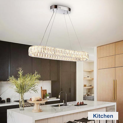 Depuley Crystal Chandeliers for Dining Room: 35.4 Inch Modern Linear Chandelier Contemporary Rectangle Pendant Light Fixture for Kitchen Island Bar Over Table with Remote Control