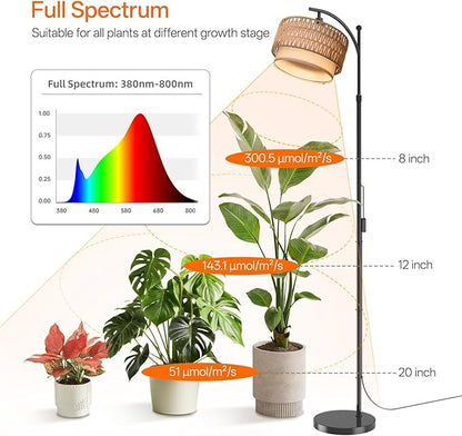 Bstrip 65-72.8 Inches Adjustable Grow Light for Indoor Plants, Boho Rattan & Fabric Shade Standing Grow Lamp, 25W 3000K Full Spectrum LED Plant Light with Auto On/Off Timer