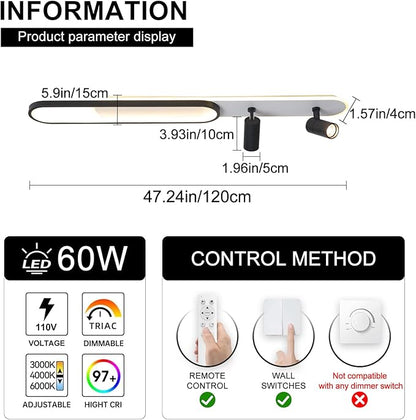 47.24In Modern LED Ceiling Light with 2 Spotlights 60W Black Linear Flush Mount Light Fixture with Remote Dimmable(3000-6000K) Long Kitchen Ceiling lamp for Living Room Bedroom Laundry Room