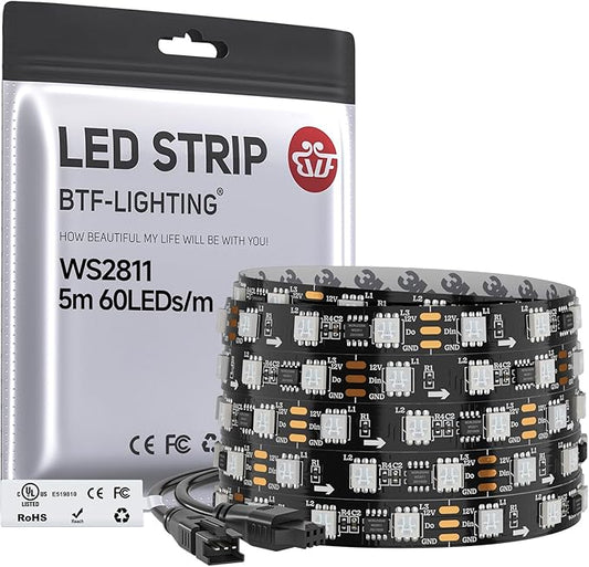BTF-LIGHTING WS2811 IC=RGB+IC Addressable Color RGB LED Strip,16.4FT 60LED/m 10Pixels/m,IP30 Black PCB,UL Listed,Flexible DC12V Chasing Effect for Indoor Home Decor,3M Tape(No Adapter or Controller)
