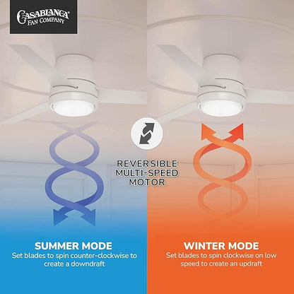 Casablanca 54 inch Indoor Ceiling Fan with LED Light - Low Profile Flush Mount, White Ceiling Fan for Bedroom, Living Room, or Kitchen, Wall Control, 3 Blades - Commodus 59571, Fresh White