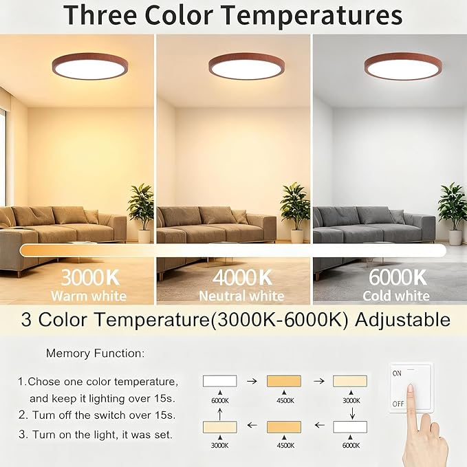 12 Inch LED Wood Grain Flush Mount Ceiling Light Fixture, Modern 22W Round Flat Overhead 3000K-4000K-6000K Selectable Ceiling lamp for Bedroom, Living Room, Kitchen, Entryway