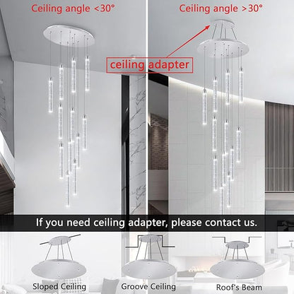 12-Lights Modern Chandeliers for Entryway High Ceiling Chandelier LED Dimmable Long Lights Fixture Pendants Lighting Crystal Chandeliers for Hallway Foyer Living Room Silver Finished Lighting