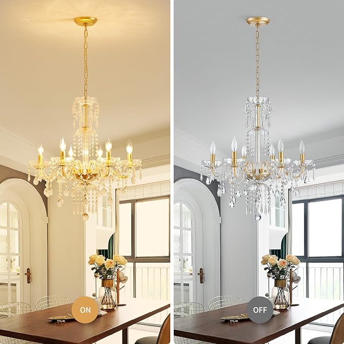 WUZUPS 6-Light Crystal Candle Chandelier Pendant Ceiling Light Modern Lighting Fixture for Bedroom Hallway Bar Kitchen Bathroom, H 25.6" W 24.4", E12 Base, Gold
