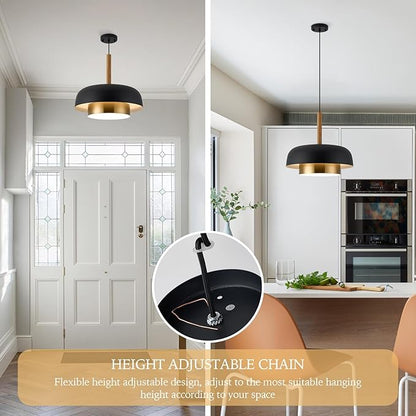 Mid Century Large Pendant Lighting,18.8 inch,Double-Layer,Real Wood Accent,Black and Gold Modern Chandelier for Dining Room,Kitchen, Living Room