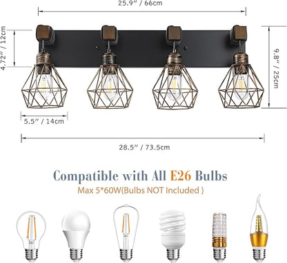 Black Gold Farmhouse Bathroom Light Fixtures, 4-Light Bathroom Lighting Fixtures Over Mirror, Rustic Wood Vanity Lights Wall Sconces with Metal Lampshade for Living Room
