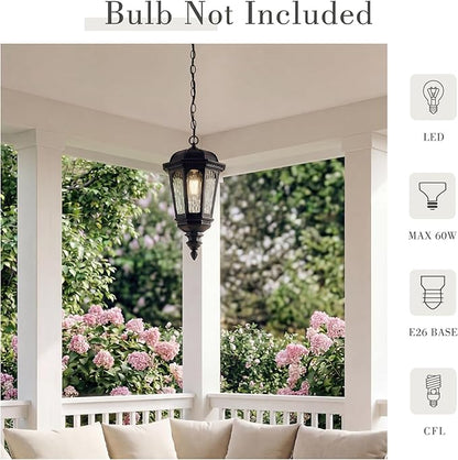 Emliviar Porch Light Fixture Hanging, Black Adjustable 16.3" Outdoor Chandelier Hanging Porch Light, Water Ripple Glass Shade, XE304H-M BK-SW