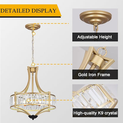 5-Light Crystal Chandelier Ceiling Light Fixture with Adjustable Height, Gold Drum Pendant Light for Dining Room Light Fixture, Kitchen Island, Bedroom, Living Room, Elegant Modern Lighting
