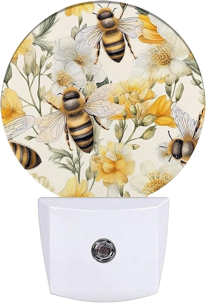 Cute Bee Night Light,Watercolor Floral Night Lights Plug into Wall for Kitchens Toilets Bedroom Decorative Half Round Nightlight Led Lamp 0.5W Sleep Friendly