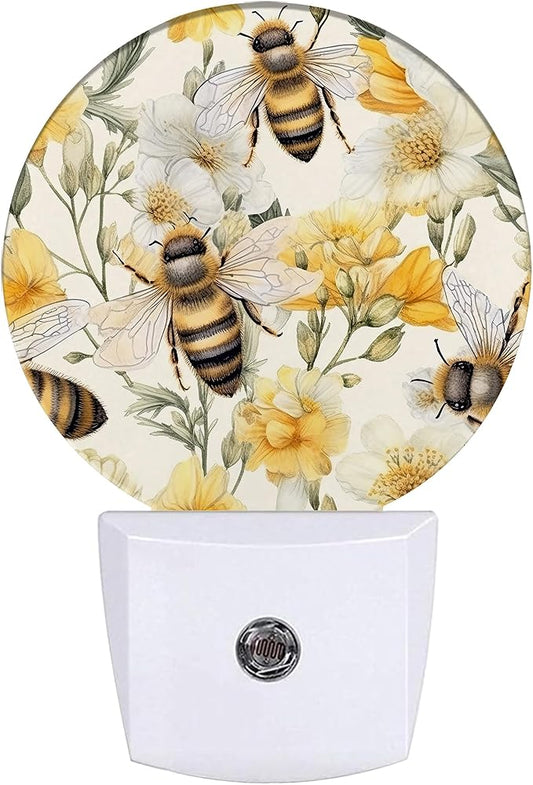 Cute Bee Night Light,Watercolor Floral Night Lights Plug into Wall for Kitchens Toilets Bedroom Decorative Half Round Nightlight Led Lamp 0.5W Sleep Friendly