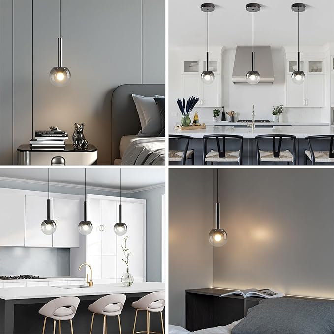 Globe Pendant Lighs for Kitchen Island,Modern LED Black Hanging Light Fixture with Gradient Gray Globe Glass Adjustable Ceiling Lights for Restaurant bar Sink Bathroom Entryway (2-Pack)