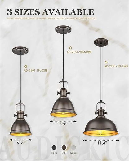 Pendant Lights Kitchen Island, 8" Farmhouse Hanging Lights Fixtures with Metal Shade, Rustic Kitchen Pendant Lighting Over Island for Dining Room, Oil Rubbed Bronze, AD-2151-1PM-ORB