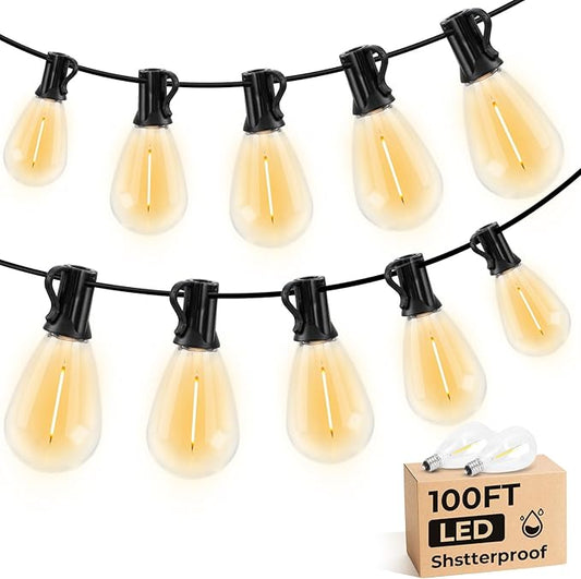 GvvooHome S11 LED Outdoor String Lights 100FT, Shatterproof & Waterproof Patio Lights with 32 Plastic Bulbs for Porch, Deck, Garden, Backyard, Balcony, 2700K Dimmable