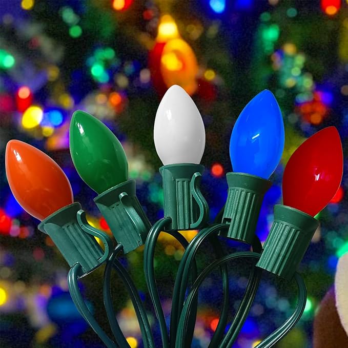 25Ft LED Christmas Lights Multicolor C7 Vintage Christmas Lights with 27 Colored Plastic LED Bulb Light(2 Spare), Old Fashioned Xmas Hanging Light Outdoor for Roof Patio Party Xmas Decor