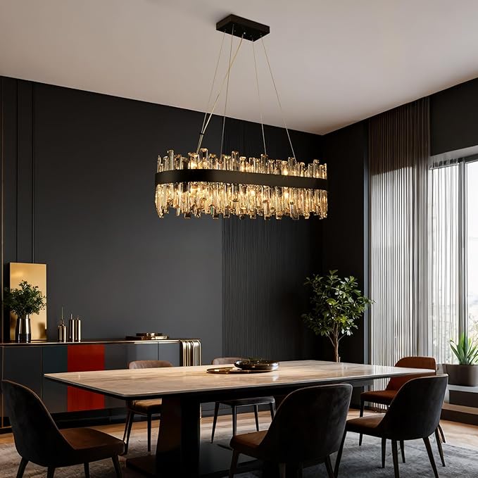 Weesalife Black Crystal Chandeliers for Dining Room Lights Fixtures Over Table, 16 Lights Modern Rectangle 2-Tier Chandeliers for Kitchen Island Bar L32 Inch