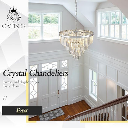 CATINER Modern Chrome Crystal Chandeliers 24” Luxury Chandeliers 4-Tier 12 Lights K9 Crystal Round Ceiling Pendant Light Fixture Contemporary for Living Dining Room Foyer Staircase Bedroom