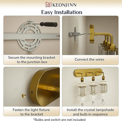 Keonjinn 3-Light Gold Bathroom Light Fixtures, Crystal Bathroom Vanity Lights Over Mirror, Gold Vanity Lighting Fixtures with Crystal Square Shades (E26 Base, Blub Not Included)