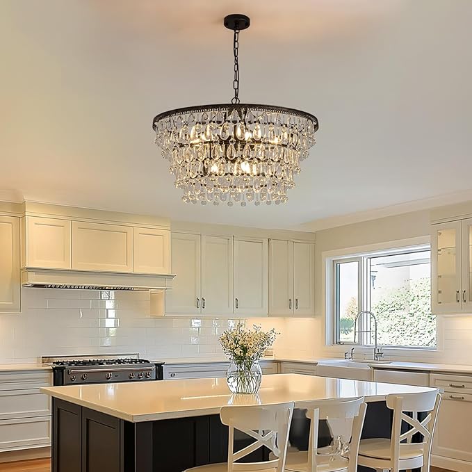 7PM Vintage Crystal Chandelier for Dining Room,28-inch Antique Crystal Ceiling Light Fixture, 5-Tier Bronze Chandelier for Living Room, Kitchen Island, Bedroom, Entryway